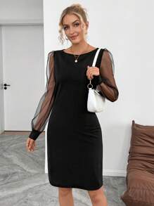 SHEIN Unity Vestido elegante y sencillo de manga larga con cuello redondo y contraste de malla de unicolor para mujer - Negro - Ver 6
