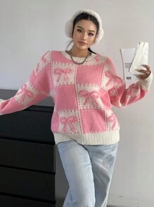 Flirla 大码休闲蝴蝶结图案落肩毛衣，适合秋冬季针织套头衫 - 彩色 - 查看 3