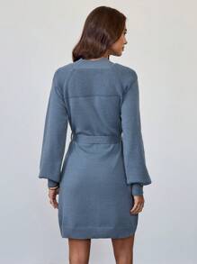 SHEIN LUNE Váy len cổ tròn dệt kim chắp vá thoải mái màu xanh denim giản dị mùa thu/đông dáng chữ A thắt eo rộng rãi - Màu xanh lam - Xem 2