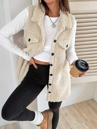 SHEIN EZwear 1 pieza Camiseta sin mangas con bolsillo y botones de unicolor para mujer, para uso diario en otoño/invierno