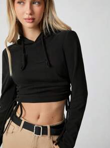SHEIN EZwear Autumn And Winter Grey Wide Ribbed Drawstring Side Crop Long Sleeves Hoodie