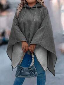 SHEIN LUNE Plus Size Women Casual Hooded Asymmetrical Hem Pockets Drawstring Poncho Jacket, Suitable For Autumn Winter - Dark Grey - View 6