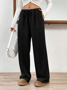 SHEIN EZwear Của phụ nữ Eo đàn hồi Dây rút Quần thể thao - màu đen - Xem 4