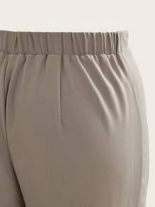 Modelyn 大码女式纯色褶皱阔腿宽松休闲裤，优雅 - 卡其色 - 查看 5