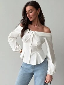 Aloruh Áo cánh tay đèn lồng trễ vai màu trơn thanh lịch màu trắng - trắng - Xem 1