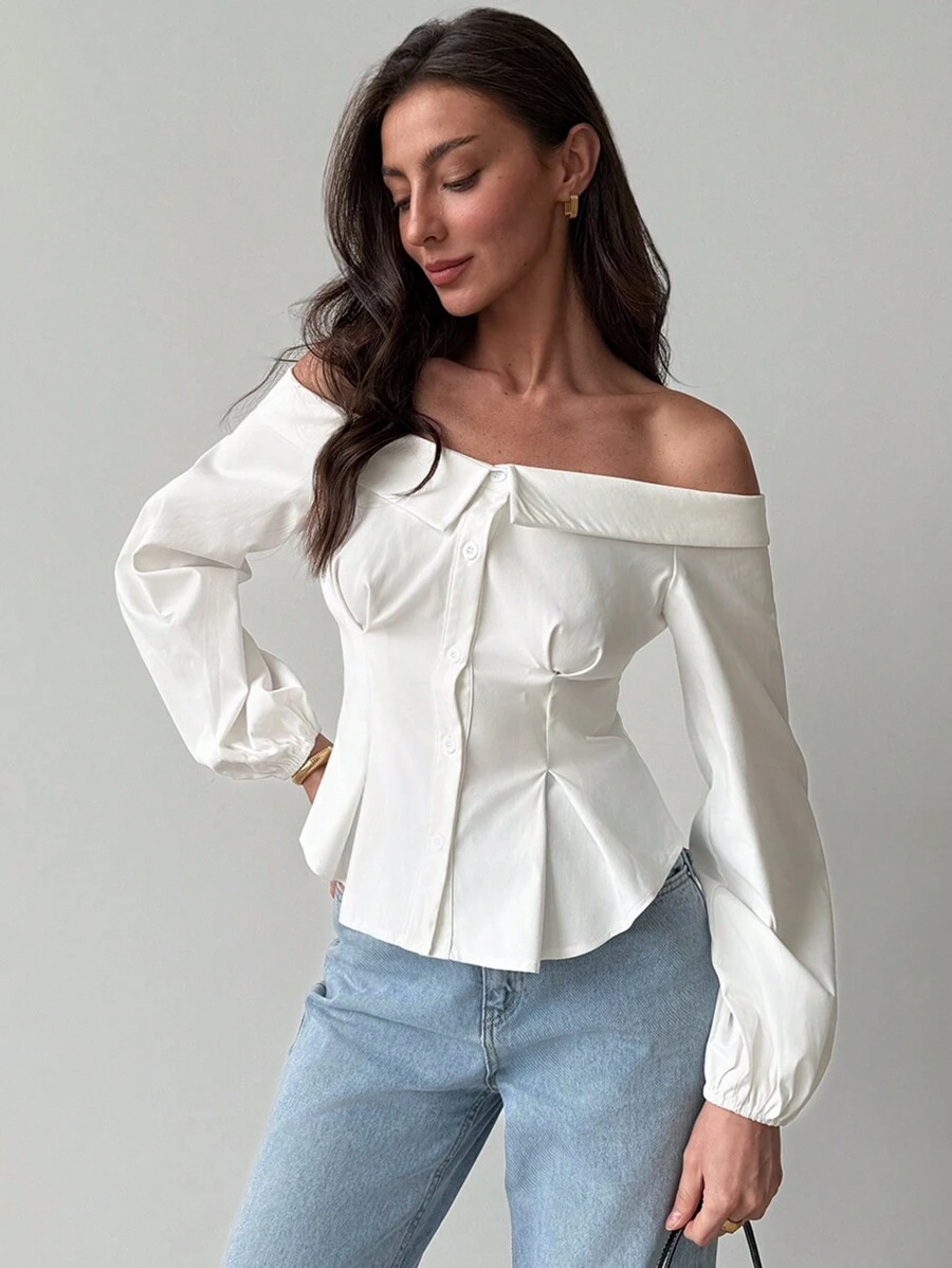 Aloruh Áo cánh tay đèn lồng trễ vai màu trơn thanh lịch màu trắng - trắng - Xem 1