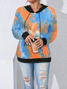 SHEIN LUNE Sudadera con capucha minimalista de manga larga con parches de un solo color, para uso casual diario en talla grande