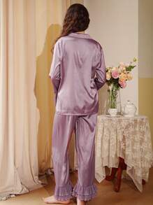 缎面衬衫荷叶边裤吊带睡衣套装/假日/秋冬睡衣套装