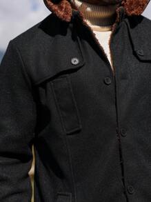 Manfinity Homme Men Simple Long Sleeve Pocket Button Front Casual Jacket, Daily Wear Going Out Overcoat, For Friends, Husband, Boyfriend Gifts - Black - View 6