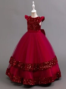 Glamorique Kids 年轻女孩圣诞派对穿圣诞老人连衣裙，闪光网眼喇叭袖长裙，深 V 形背部蝴蝶结装饰，公主风格礼服，适合婚礼、生日、新年派对 - 酒紅色 - 查看 3