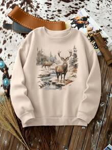 INAWLY Sudadera de forro polar con estampado de paisaje y ciervo para mujer, informal, para otoño/invierno, top de manga larga