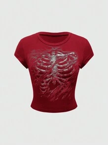 ROMWE Grunge Punk Áo thun bó sát phong cách Dark Punk Wasteland hiệu ứng rách rách tối giản phù hợp cho nữ - Đỏ - Xem 1