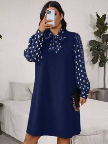 SHEIN Clasi 大码女式优雅长袖金色波尔卡圆点前系带连衣裙，秋季 - 藏蓝色 - 查看 5