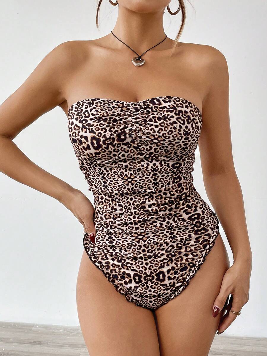 INAWLY بدلة جسم نسائية بطبعة نمر محشوة ومجعدة