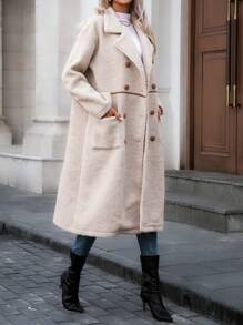 SHEIN Clasi 女士休闲/工作通勤翻领双排扣宽松撞色长袖长款常规夹克，秋冬季 - 杏色 - 查看 5