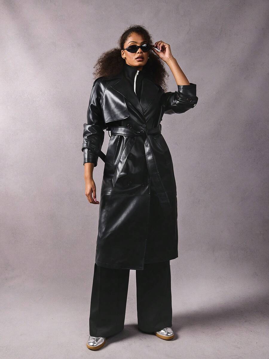 Athîral Women's Fashionable Solid Black Color Faux Leather PU Trench Coat, Fall Season - Black - View 1