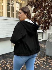 SHEIN Privé Plus Size Women Black Corduroy Lined Hooded Long Sleeve Jacket, Casual For Outdoor Wear, Autumn/Winter - Black - View 2