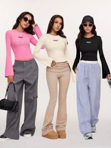 Girlism Bộ 3 áo thun dệt kim tay dài cổ tròn thu đông cho bé gái tuổi teen, màu be, hồng, đen, thường ngày, thoải mái, ấm áp, mua 1 tặng 2 - Nhiều màu - Xem 3