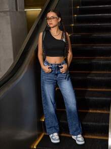 Sparklyn 少女 Y2K 大胆时尚，校园精神全年必备时尚单品，休闲日常百搭舒适宽松直筒水洗牛仔裤 - 深色水洗藍 - 查看 6