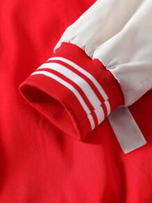 Manfinity Campus Court 男士休闲彩色块字母植绒棒球夹克，秋季 - 紅色 - 查看 4