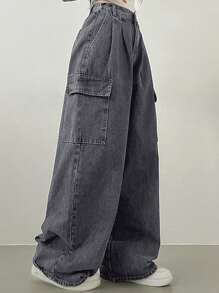 DAZY Women's Wide Leg Loose Casual Distressed Cargo Denim Jeans - Grey - View 4