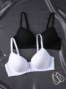 2pcs/Set Minimalist Solid Color Front Closure Adjustable Underwire Bras For Small Bust Women - Black and White - View 3