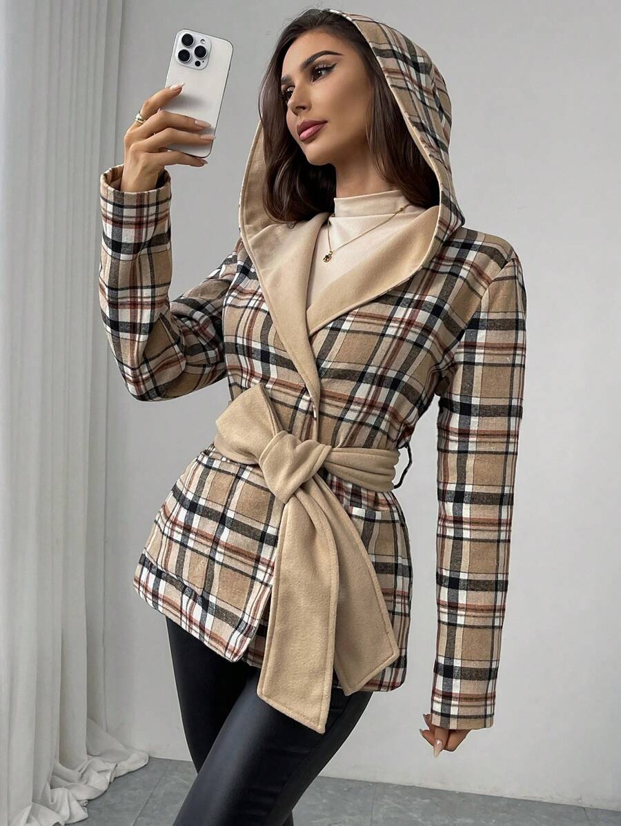 SHEIN Privé Áo khoác nữ tay dài kẻ caro buộc trước có mũ trùm đầu đơn giản thường ngày - Màu Khaki - Xem 1