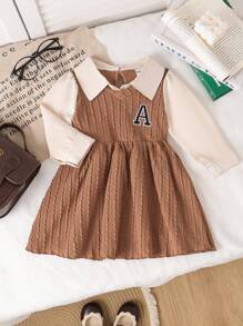 SHEIN Babygirl Lente & Herfst Casual Minimalistische Academie Stijl Kleine Kabel Brei Khaki Licht Roze Stoffen Top Met Elastische Taille Losse Rok, Buitenjurk