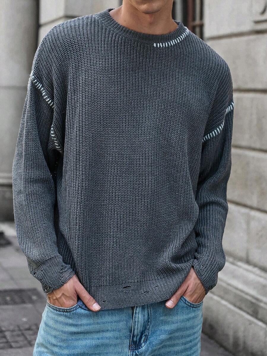 Manfinity VCAY Casual Loose Knit Long Sleeve Sweater For Young Men, Suitable For Autumn/Winter - Dark Grey - View 1