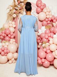 Loomaby 孕妇圆领花卉网眼撞色长袖优雅连衣裙，婴儿洗礼派对 - 藍色 - 查看 2