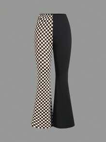 SHEIN EZwear Checkerboard Print Street Style Versatile Women Checkered Patchwork Color Block Flared Sports Pants