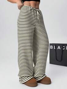 SHEIN EZwear 女式条纹直筒宽松休闲裤，腰部抽绳，保暖内衬 - 黑與白 - 查看 4