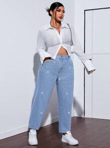 SHEIN EZwear Plus Size Women Pockets Sequin Rhinestone Cone-Shaped Casual Versatile Jeans