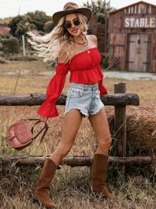 SHEIN VCAY 女士甜美露肩荷叶边腰部休闲纹理面料长袖衬衫，适合度假穿着 - 紅色 - 查看 6