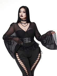 Whyspr 深色朋克哥特风格女式喇叭袖蕾丝边衬衫，秋冬款 - 黑色 - 查看 3