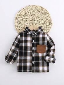 SHEIN 1pc Baby Boys' Casual Plaid Simple Design Long Sleeve Shirt, Collared Single-Breasted Pocket, Versatile For Daily Wear With Jeans/Chino Pants, Vintage Soft Comfortable Spring New Arrival