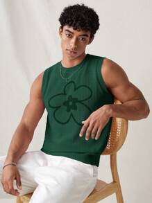 Manfinity VCAY 男士花卉印花圆领无袖针织毛衣背心 - 墨綠色 - 查看 4