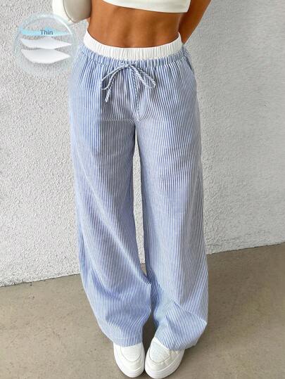 SHEIN EZwear 白色高腰對比藍色條紋編織大尺碼女褲