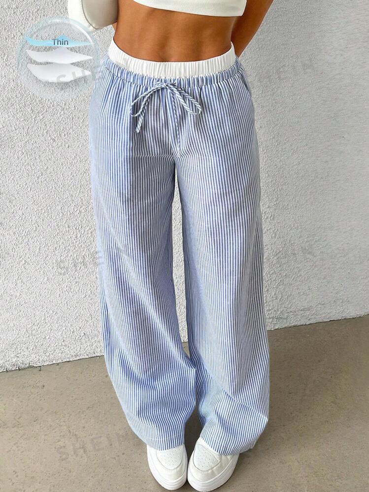 SHEIN EZwear White High Waisted Contrast Blue Striped Woven Plus Size Women s Pants SHEIN USA