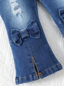 1pc Baby Girls Casual Blue Woven Denim Flared Pants With Bow Decor, Autumn/Winter New Arrival Size 20-24 - Blue - View 3