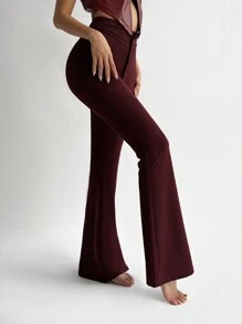 Aloruh Women's New Autumn/Winter Flare Leg High Waist Wine Red Maxi Pants - Burgundy - View 5