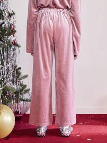 SHEIN Tween 女童优雅休闲宽松褶皱水钻天鹅绒喇叭裤，适合秋冬季圣诞节、新年派对 - 粉色 - 查看 2