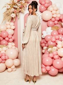 Loomaby 孕妇优雅纯色灯笼袖连衣裙，适合派对 - 卡其色 - 查看 2