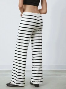 SHEIN EZwear Calças femininas listradas minimalistas com botões frontais e cintura baixa, uso diário casual - Preto e Branco - Ver 2
