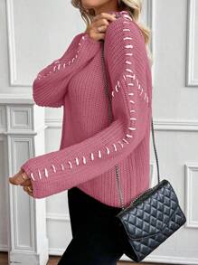 SHEIN LUNE New Arrival Autumn/Winter Funnel Neck Loose Casual Long Sleeve Sweater Knit Pullover Fall - Rusty Rose - View 6