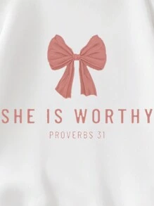 Áo nỉ cổ tròn dài tay in hình nơ khẩu hiệu cho bé gái tuổi mới lớn mùa thu - trắng - Xem 4