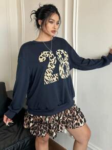POPSWAY 2pcs/Set American Cool Girl Style Leopard Print & Digit Graphic Sweatshirt With Matching Leopard Skirt