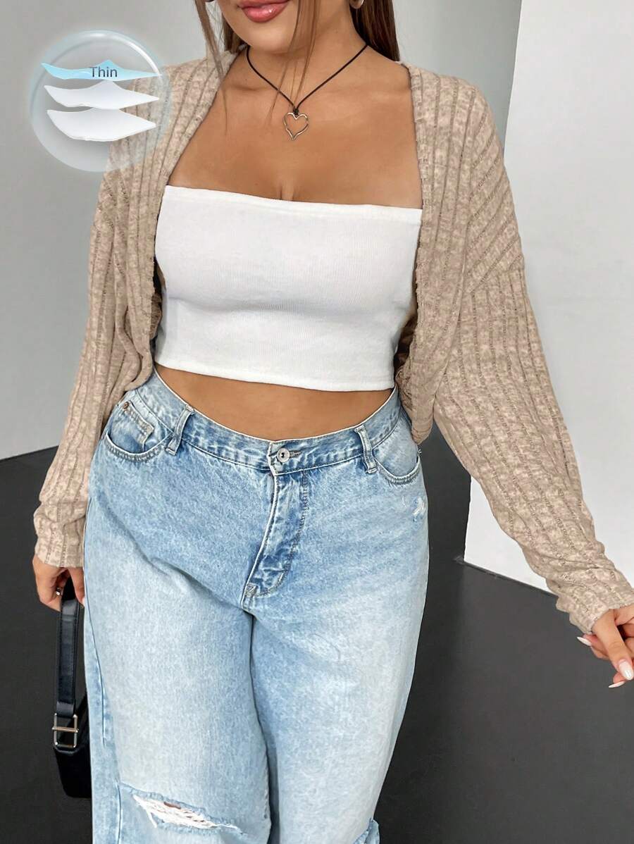 SHEIN EZwear Talla grande 1 pieza Cazadora crop unicolor - Caqui - Ver 1