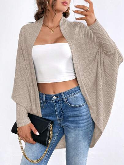 SHEIN Essnce Plus Size Women's Autumn New Fashion Business Casual Women Going Out Tops Homecoming Fall Women Clothes Casual Commuter Brushed Fabric Casual Solid Color Black Loose Buttonless Cardigan, Bat Cardigan, Super Loose Cardigan Women Cardigans Winter