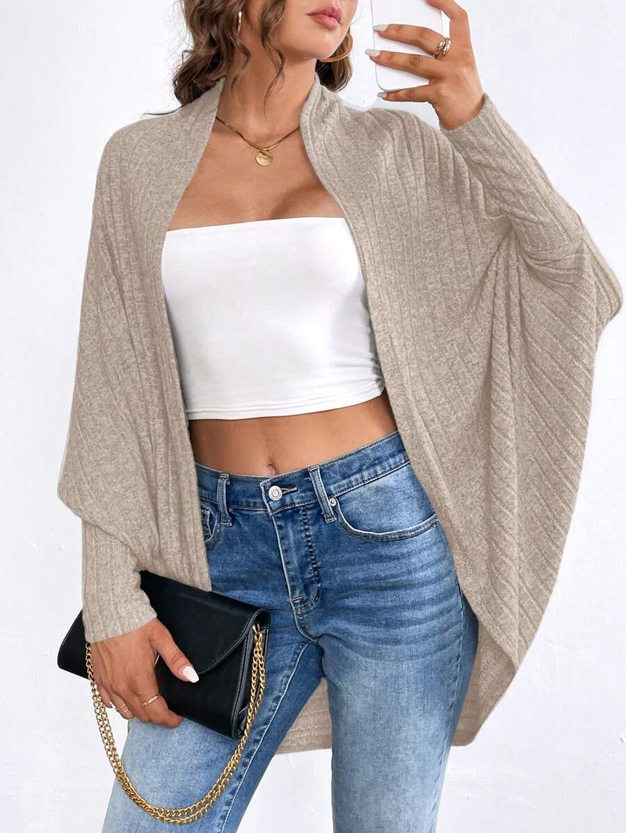 SHEIN Essnce 大码女装秋季新款时尚商务休闲女士外出上衣返校节秋季女装休闲通勤拉绒面料休闲纯色黑色宽松无扣开衫,蝙蝠开衫,超宽松开衫女士开衫 - 杏色 - 查看 1